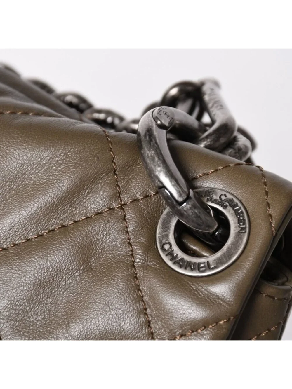 Chanel 2-Way Bag CC Logo Lambskin Quilted Olive Antique Silver